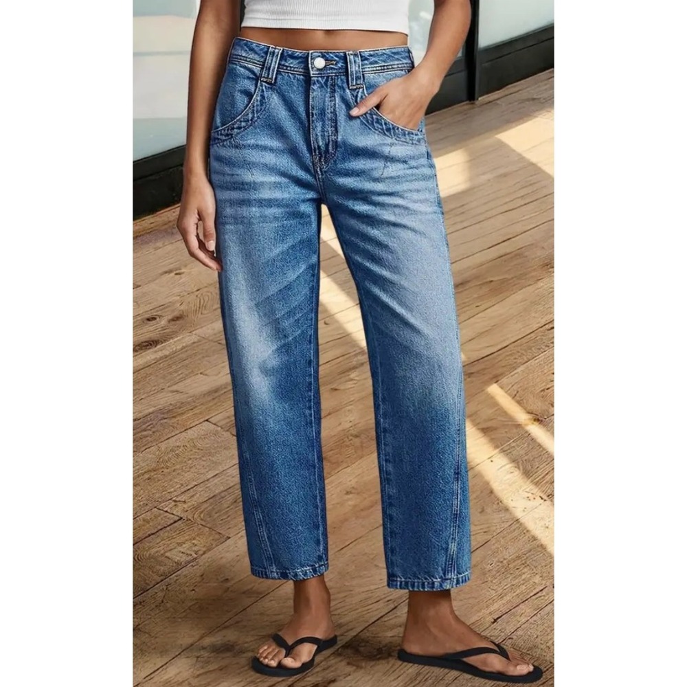 Flamingals Blue Wash Seam Detail Mid Rise Straight Leg Crop Jeans Size S 271768